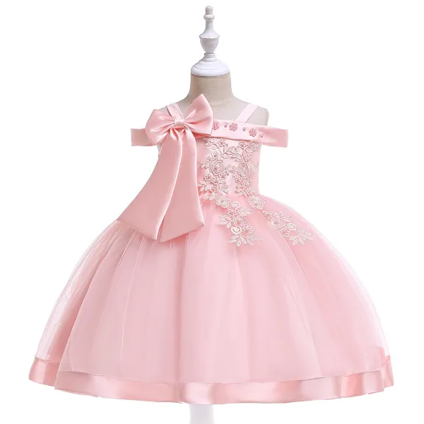 Kid Girl Pearl Embroidery 3D Flowers Bowknot Off The Shoulder Wedding Party Dresses