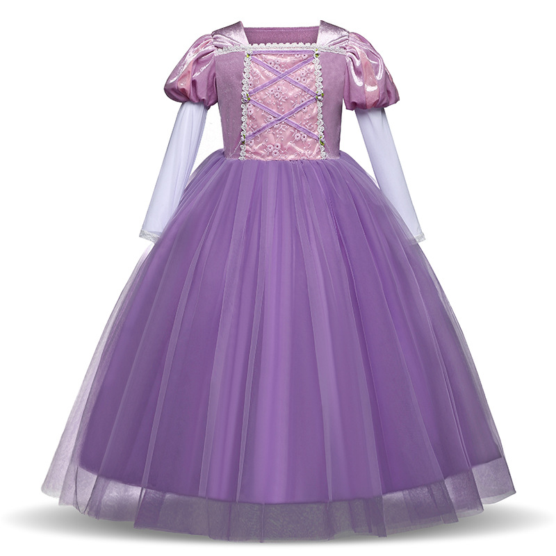 Kid Girl 3D Lace Embroidered Flowers Purple Pink Royal Gown Dress Mesh Sleeves Halloween Cinderella