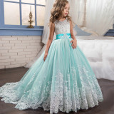 Kid Girl Embroidered Flowers Sequins Jewelry Sleeveless Wedding Party Dresses