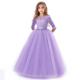 Kid Girl Lace Flowers Embroidered Hollow Bow Gown Dress With Medium Long Sleeves
