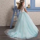 Kid Girl 3D Butterfly Flowers Cut-Out Embroidered Mesh Maxi Trailing Wedding Party Dress