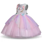 Kid Girl 3D Pearls Flowers Unicon Rainbow Mesh Layers Lace Princess Dress