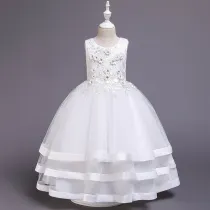 Kid Girl 3D Embroidered Flowers Diamond Mesh Layers With Bowknot Wedding Party Sleeveless Dress