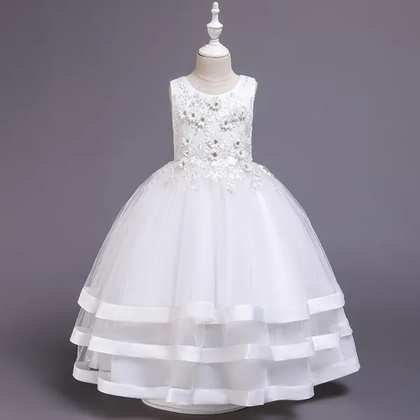Kid Girl 3D Embroidered Flowers Diamond Mesh Layers With Bowknot Wedding Party Sleeveless Dress