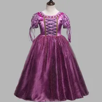 Kid Girl Cartoon Lace Sleeves With Gem Sparkle Fringed Mesh Purple Princess Dress