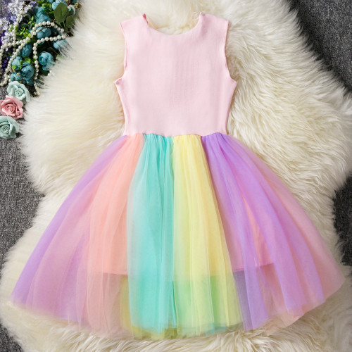 Kid Girl Heart Sequined Unicorn Rainbow Tutu Mesh Sleeveless Dress