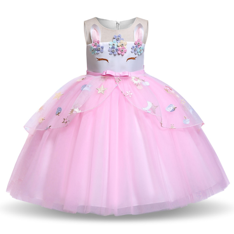 Kid Girl 3D Pearls Flowers Unicon Embroidered Stars Apples Strawberry Mesh Lace Princess Dress