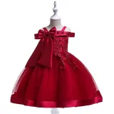 Kid Girl Pearl Embroidery 3D Flowers Bowknot Off The Shoulder Wedding Party Dresses