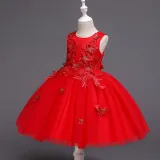 Kid Girl Embroidery 3D Butterflies With Bowknot Lace Mesh Wedding Party Sleeveless Dress