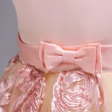 Kid Girl Embroidered 3D Flowers Mesh Wedding Party Dress With Bowknot