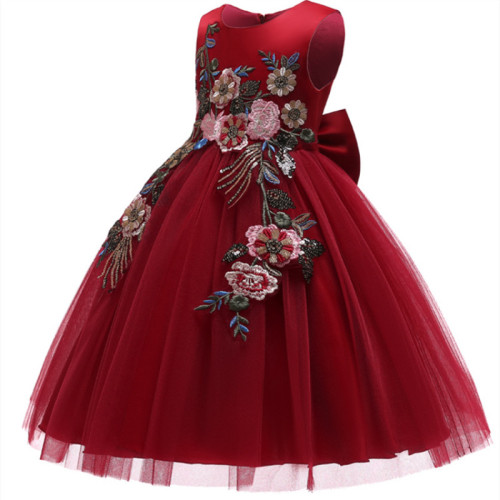 Kid Girl Red 3D Embroideried Sequins Flowers Wedding Party Dresses