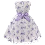 Kid Girl 3D Embroidery Flowers With Bowknot Mesh Pompadour Sleeveless Dress
