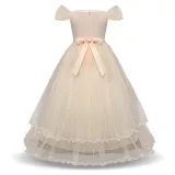 Kid Girl 3D Flowers Sequined Mesh Off The Shoulder Wedding Party Dress