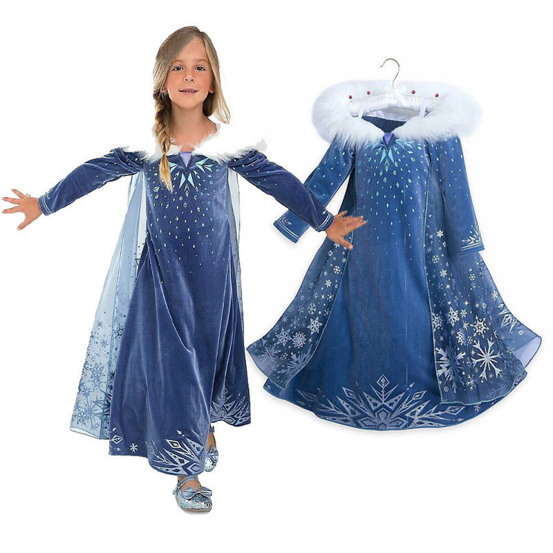 Kid Girl Frozen Anna Snowflake Winter Dress With Long Mesh Cloak