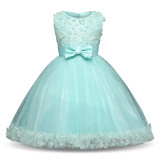 Kid Girl 3D Lace Embroidered Flowers Bowknot Mesh Gowns Party Dresses