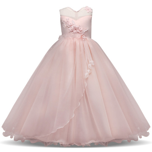 Kid Girl 3D Flowers Bowknot Lace Mesh Sleeveless Maxi Princess Dress