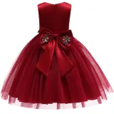 Kid Girl Red 3D Embroideried Sequins Flowers Wedding Party Dresses