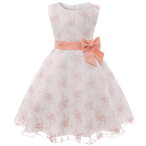 Kid Girl 3D Embroidery Flowers With Bowknot Mesh Pompadour Sleeveless Dress