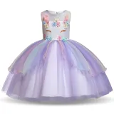 Kid Girl 3D Pearls Flowers Unicon Rainbow Mesh Layers Lace Princess Dress