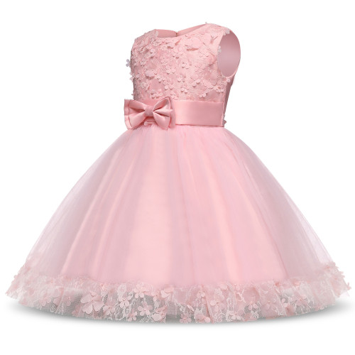 Kid Girl 3D Lace Flowers Bowknot Mesh Princess Gown Sleeveless Dresses
