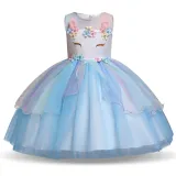 Kid Girl 3D Pearls Flowers Unicon Rainbow Mesh Layers Lace Princess Dress