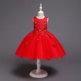 Kid Girl Embroidery 3D Butterflies With Bowknot Lace Mesh Wedding Party Sleeveless Dress