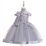 Kid Girl Pearl Embroidery 3D Flowers Bowknot Off The Shoulder Wedding Party Dresses