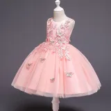 Kid Girl Embroidery 3D Butterflies With Bowknot Lace Mesh Wedding Party Sleeveless Dress