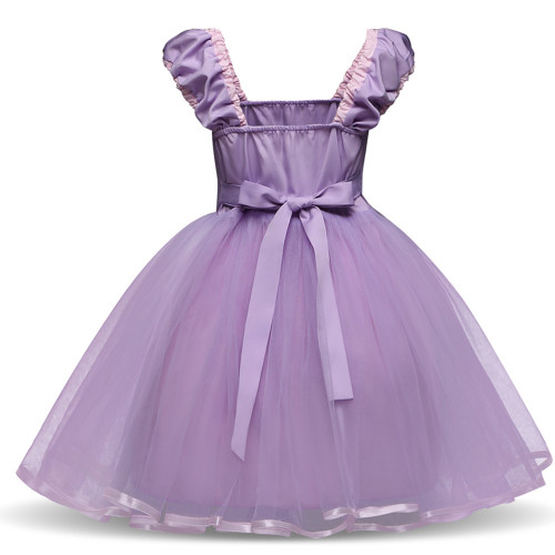Kid Girl Lantern Sleeve Cross Binding With Bowknot Mesh Purple Princess Dress
