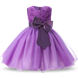 Kid Girl 3D Rose Flowers Lace Bowknot Bright Spot Gown Dress