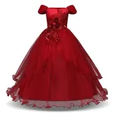 Kid Girl 3D Flowers Sequined Mesh Off The Shoulder Wedding Party Dress