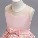 Kid Girl Embroidered 3D Flowers Mesh Wedding Party Dress With Bowknot