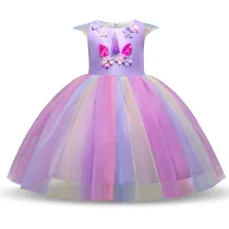Kid Girl 3D Pearls Flowers Unicon Rainbow Tutu Princess Dress