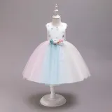 Kid Girl Embroidery Stars Moon 3D Flowers Colorful Mesh Flower Girl Dress With Bowknot