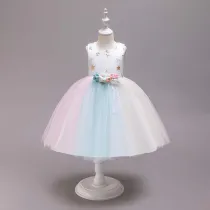 Kid Girl Embroidery Stars Moon 3D Flowers Colorful Mesh Flower Girl Dress With Bowknot