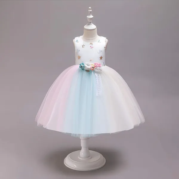 Kid Girl Embroidery Stars Moon 3D Flowers Colorful Mesh Flower Girl Dress With Bowknot