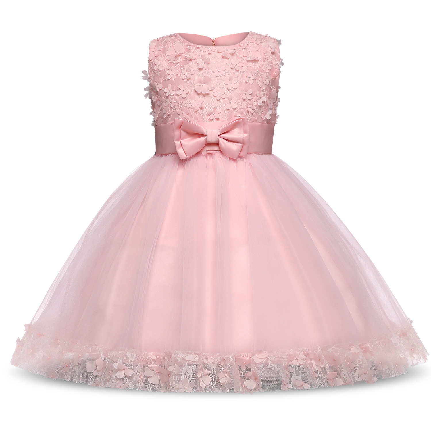 Kid Girl 3D Lace Embroidered Flowers Bowknot Mesh Gowns Party Dresses