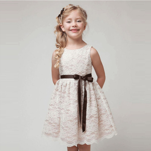 Kid Girl Lace Cut-Out Embroidered Flower Sleeveless Dress with Bowknot