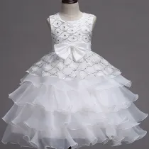 Kid Girl Sequins Diamond-Studded Layers Ruffles Lace Wedding Party Sleeveless Dress