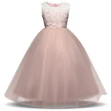 Kid Girl Lace Embroidered Hollow White Flowers Bowknot Mesh Maxi Princess Sleeveless Dress