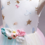 Kid Girl Embroidery Stars Moon 3D Flowers Colorful Mesh Flower Girl Dress With Bowknot