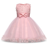 Kid Girl 3D Lace Flowers Bowknot Mesh Princess Gown Sleeveless Dresses