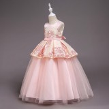 Kid Girl Embroidered 3D Flowers Patchwork Mesh Wedding Party Dress With Bowknot