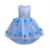 Kid Girl Pearls Embroidery 3D Sequins Flowers Mesh Party Dresses