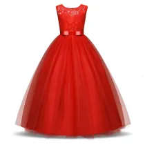 Kid Girl Lace Flowers Bowknot Layers Mesh Princess Sleeveless Maxi Dress
