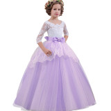 Kid Girl Lace Long Sleeve Hollow Out Embroidery Flowers  Princess Dress With Bowknot