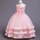 Kid Girl 3D Embroidered Flowers Diamond Mesh Layers With Bowknot Wedding Party Sleeveless Dress