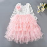 Kid Girl Hollow Lace Embroidery Flowers Layers Tutu Long Sleeve Dress