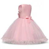 Kid Girl 3D Lace Flowers Bowknot Mesh Princess Gown Sleeveless Dresses