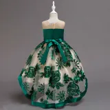 Kid Girl Embroidered 3D Flowers Mesh Wedding Party Dress With Bowknot